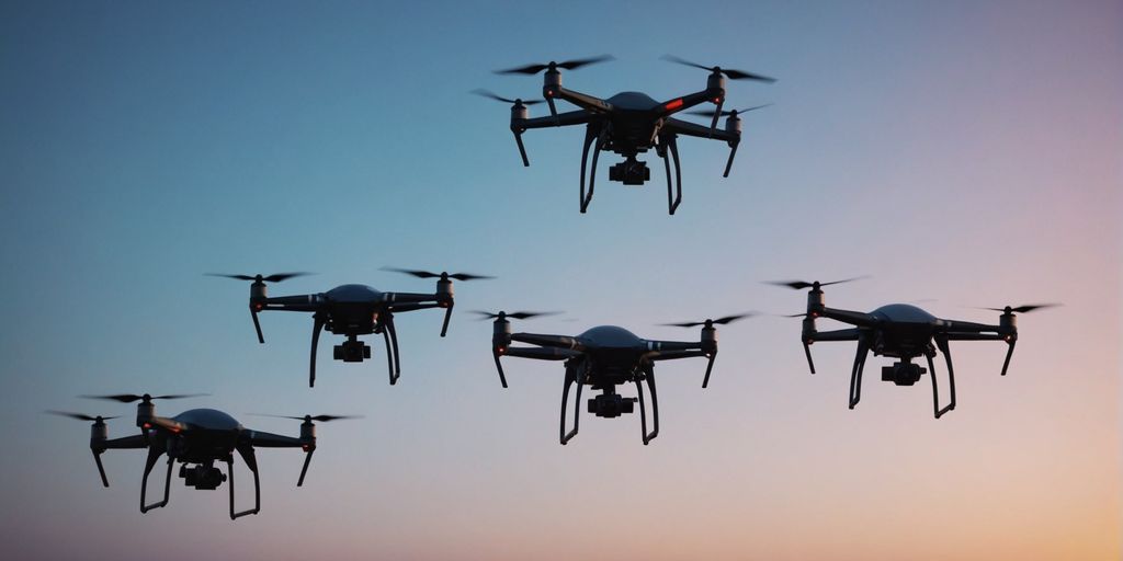 Different types of drones arranged in a row