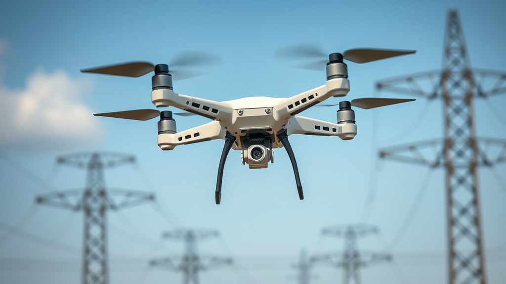 Autonome Drohne über Hochspannungsleitungen, ausgestattet mit Kameras und Sensoren, zur effizienten Inspektion und Analyse von Infrastruktur durch KI.