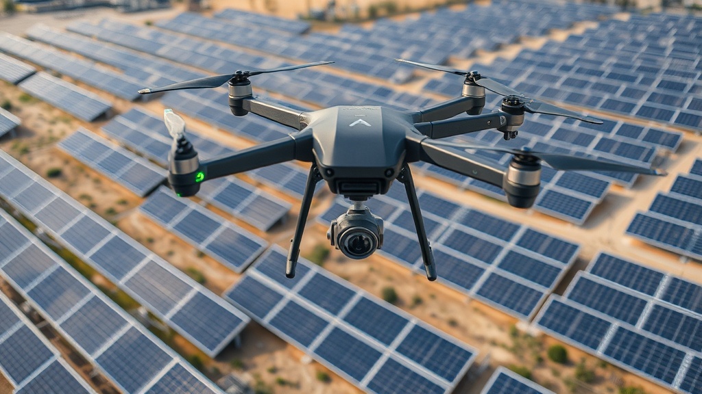 Autonome Drohne über einem Solarpark, die hochauflösende Bilder und thermografische Daten zur Inspektion der Solarmodule aufnimmt.