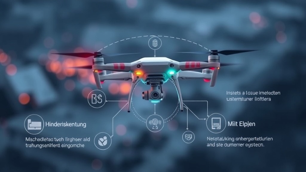 Drohne fliegt über einen Funkmast zur Inspektion, mit grafischen Elementen zur Darstellung von Hinderniserkennung und Datenverarbeitungssystemen.