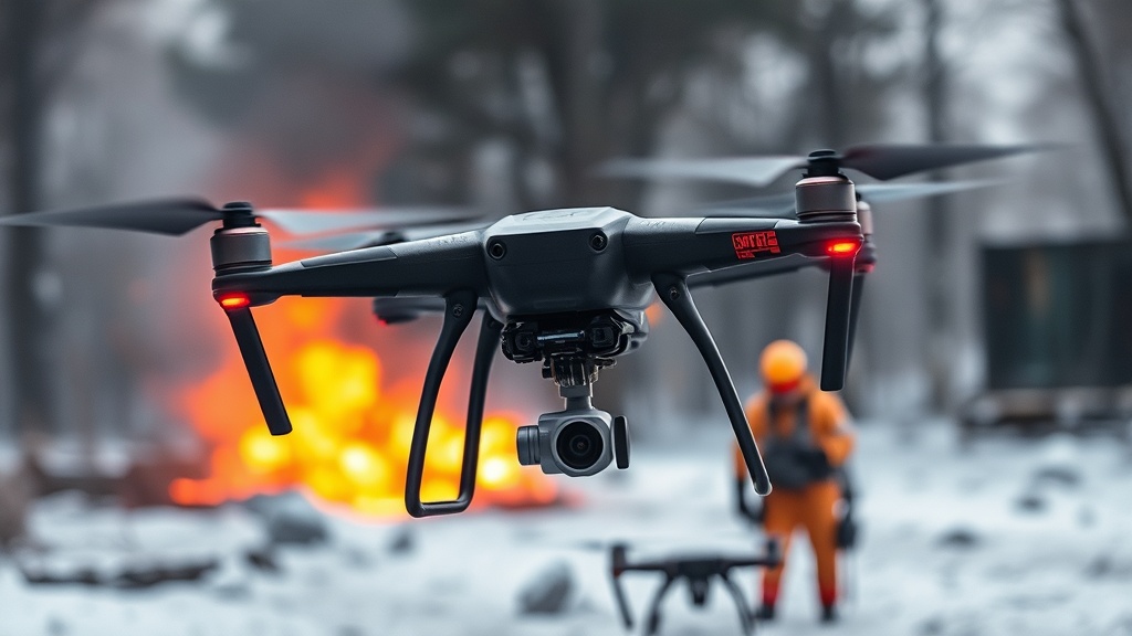 Drohne im Einsatz für den Katastrophenschutz, ausgestattet mit Wärmebildkamera, sendet Echtzeitdaten zu Einsatzkräften in einer Notfallsituation.