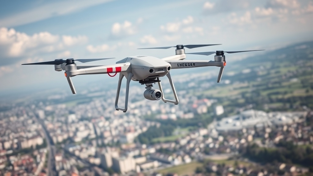 Drohne im Luftraum über einer Stadt, transportiert medizinisches Equipment und Personal; im Hintergrund Wasserstoff-Lieferdrohne bei Landung in ländlichem Gebiet.