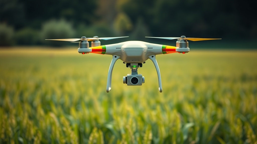 Drohne in Aktion über einem Feld, ausgestattet mit NDVI-Sensoren zur multispektralen Bildgebung, zur Überwachung der Pflanzengesundheit und Feldbedingungen.