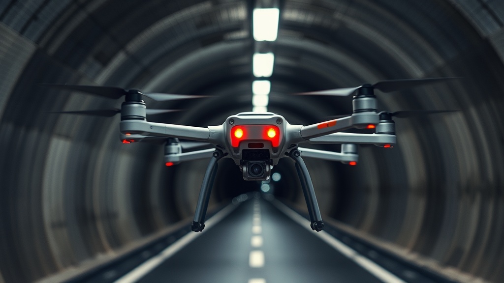 Drohne in einem Tunnel, ausgestattet mit Kameras und Sensoren zur Inspektion, während sie autonom navigiert und Daten zur Tunnelanalyse sammelt.