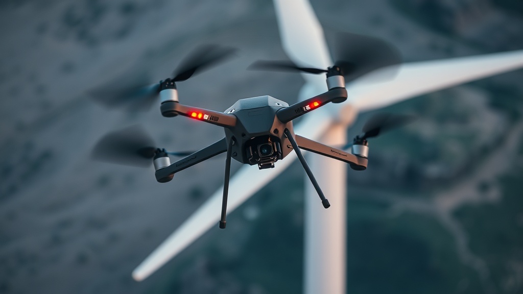Drohne inspiziert Rotorblätter einer Windkraftanlage aus der Luft, ausgestattet mit hochauflösender Kamera und Sensoren zur Schadenserkennung.