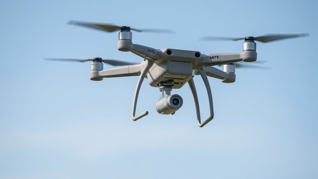 Drohne mit Kamera über einem Naturschutzgebiet, die Luftbilder zur Überwachung von Biodiversität und Wiesenvogel-Nestern aufnimmt.