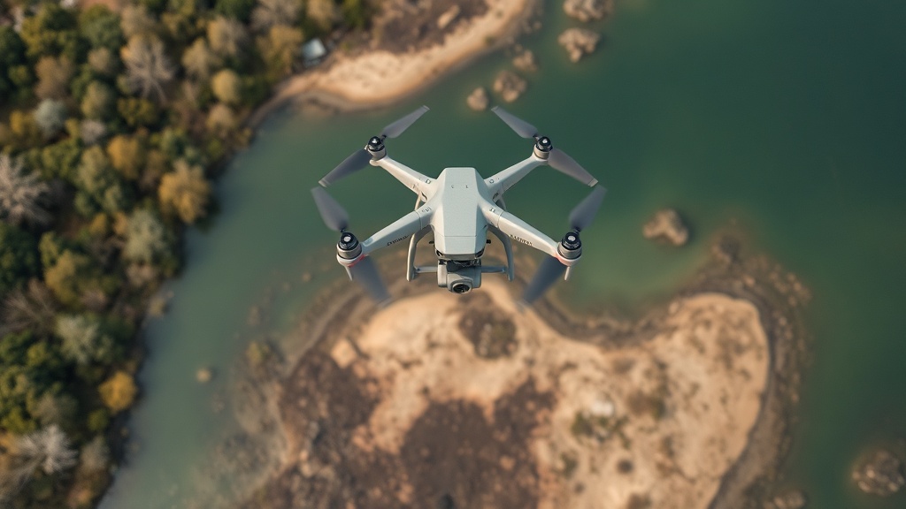 Drohne über einem Uferbereich, die hochauflösende Bilder erfasst, während KI-Analysen Veränderungen in der Vegetation und Erosion identifizieren.
