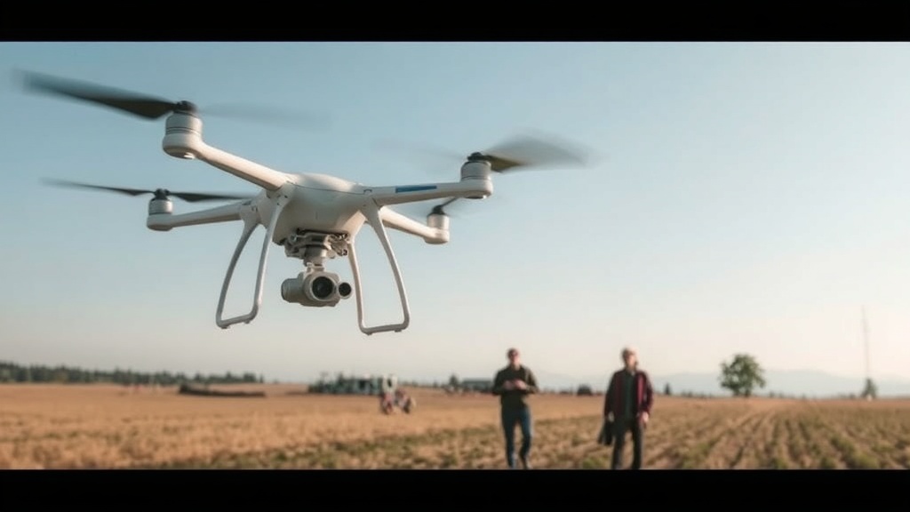 Drohne über einem weitläufigen Feld in Kärnten, die Daten zur Ernteüberwachung sammelt, während Landwirte am Boden gezielt Probleme ansprechen.
