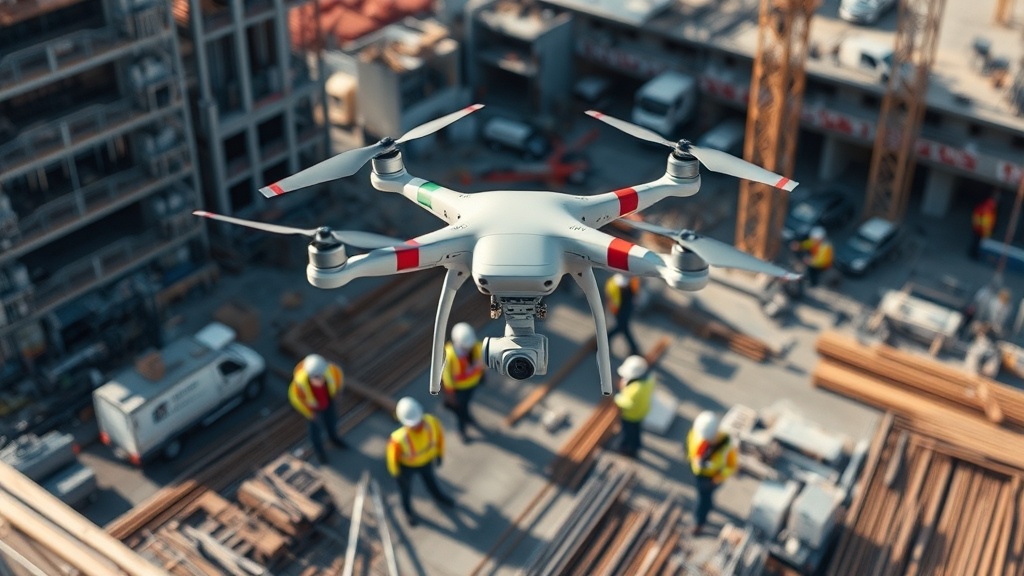 Drohne über einer Baustelle, die zur Dokumentation eingesetzt wird, umgeben von Bauarbeiten und Mitarbeitern, während Sicherheitsvorkehrungen getroffen werden.