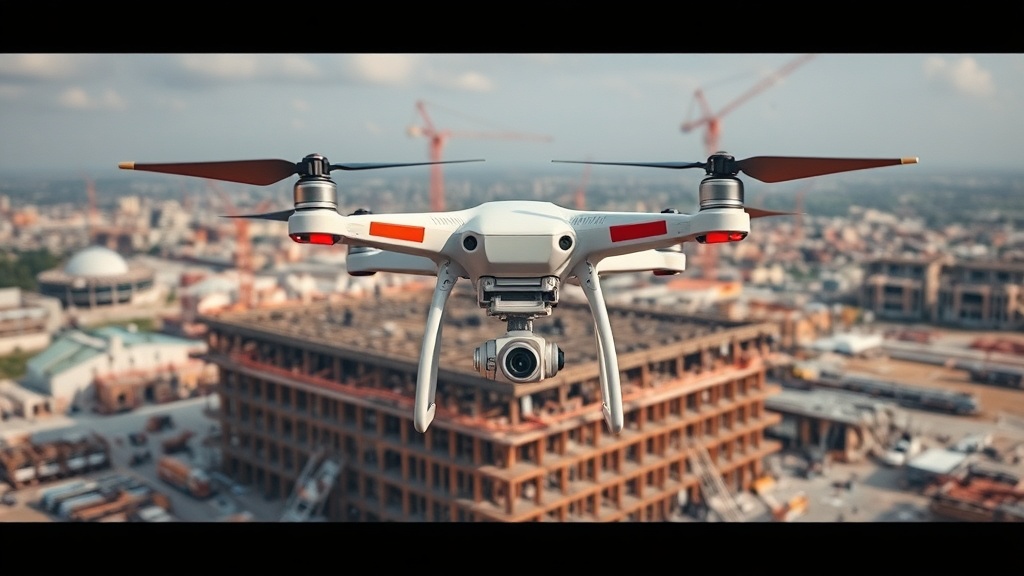 Drohne über einer großen Baustelle bei der Vermessung, mit hochauflösenden Kameras ausgestattet und umgeben von georeferenzierten Datenvisualisierungen.