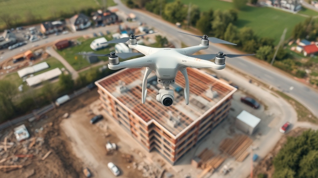 Drohneneinsatz zur Baudokumentation in Kärnten, zeigt hochauflösende Luftaufnahme einer Baustelle mit sichtbarem Baufortschritt und Überwachungsmöglichkeiten.