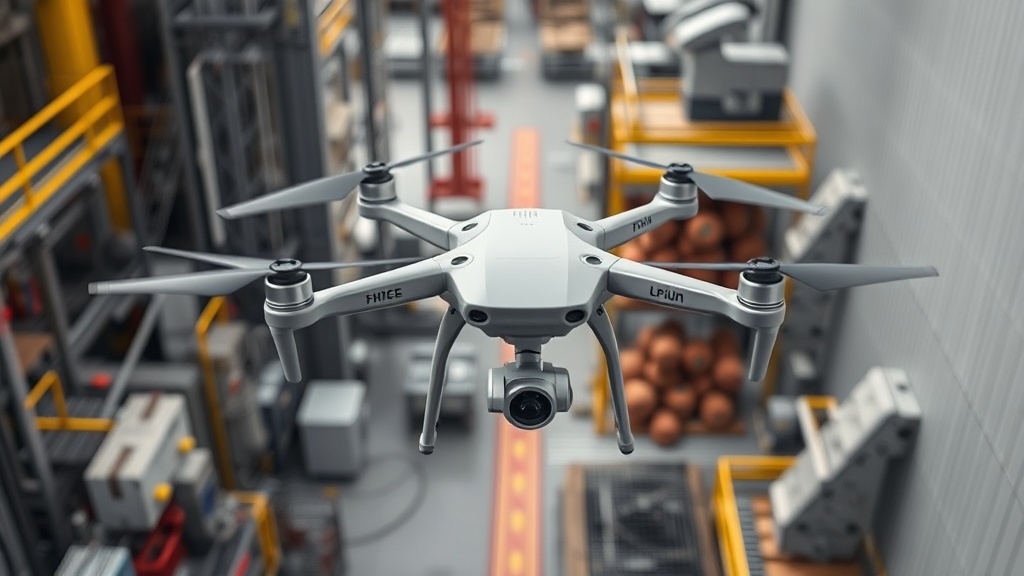 Industrielle Drohne bei der Anlageninspektion, umgeben von Maschinen und Gebäuden, mit Fokus auf Sicherheitsprotokolle und technische Systeme.