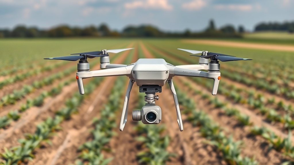 Landwirtschaftliche Drohne über einem Feld, ausgestattet mit Kamera und Sensoren, zur Überwachung von Pflanzenwachstum und Bodenzustand.