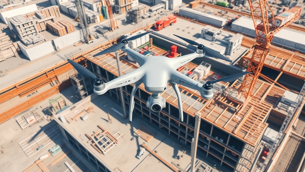 Luftaufnahme einer Baustelle mit Drohne, die 3D-Modelle und Dokumentationen des Baufortschritts für effiziente Projektplanung zeigt.