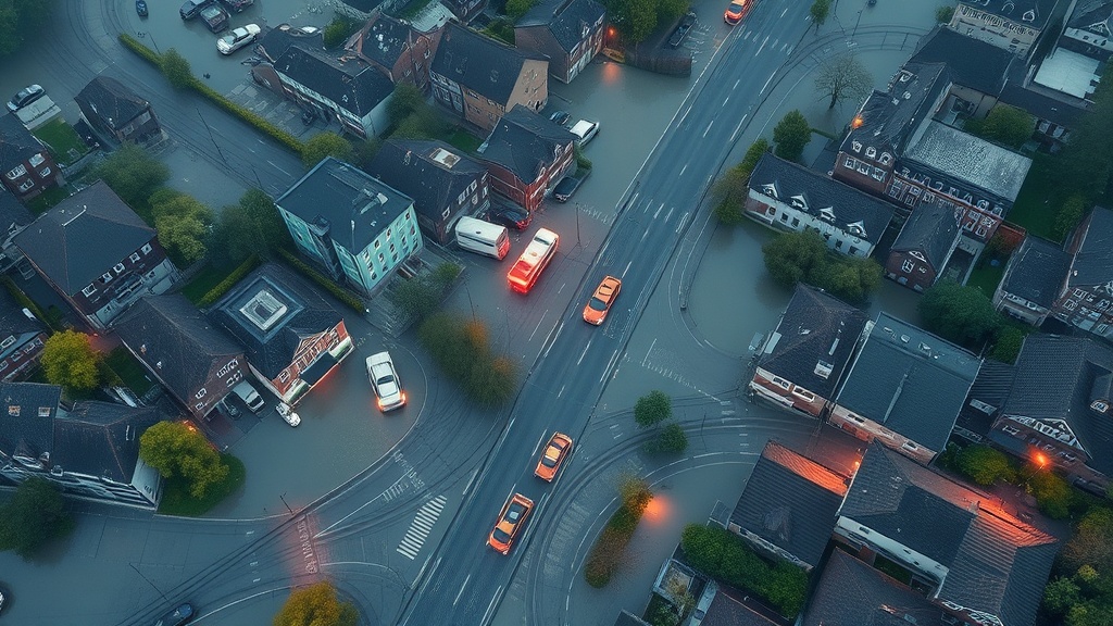 Luftbildaufnahme einer überfluteten Stadt mit sichtbaren Wassermassen, Einsatzfahrzeugen und Rettungskräften zur schnelleren Lageeinschätzung bei Hochwasser.