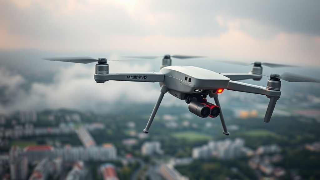 Moderne Drohne im Einsatz bei Katastrophenschutz, ausgestattet mit Sensoren für Wärmebild- und Luftaufnahmen, über einem betroffenen Gebiet.