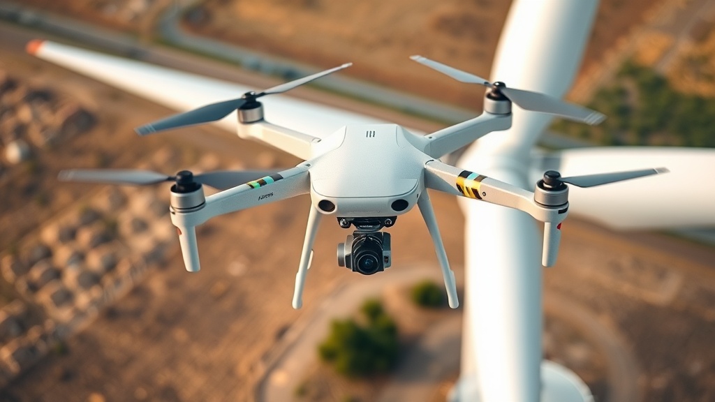 Autonome Drohne inspiziert Windkraftanlage, filmt mit hochauflösender Kamera Rotorblätter und analysiert Daten zur Schadensbewertung mit KI-Algorithmen.