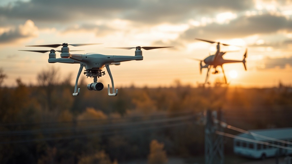 Drohne führt Luftinspektion einer Stromtrasse durch, während ein Hubschrauber in der Nähe schwebt, um Masten und Leitungen zu überwachen.