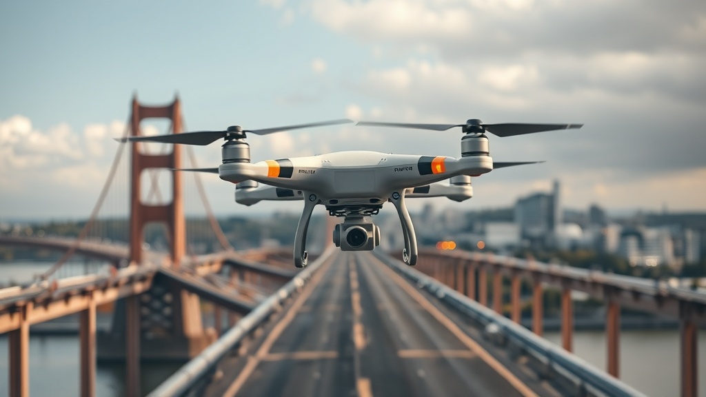 Drohne inspiziert eine Brücke, umgeben von einem schwarm von autonomen Drohnen, mit KI-gesteuerter Bildanalyse für Schadensbewertung.