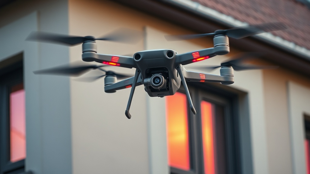 Drohne mit 4K-Kamera fliegt nahe einer Gebäudefassade, während sie hochauflösende Bilder und Wärmebilder für die Analyse aufnimmt.