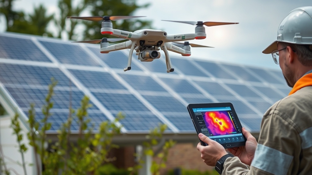Drohne mit Wärmebildkamera inspiziert eine Photovoltaikanlage, während ein Techniker die Datenanalyse auf einem Tablet überwacht.