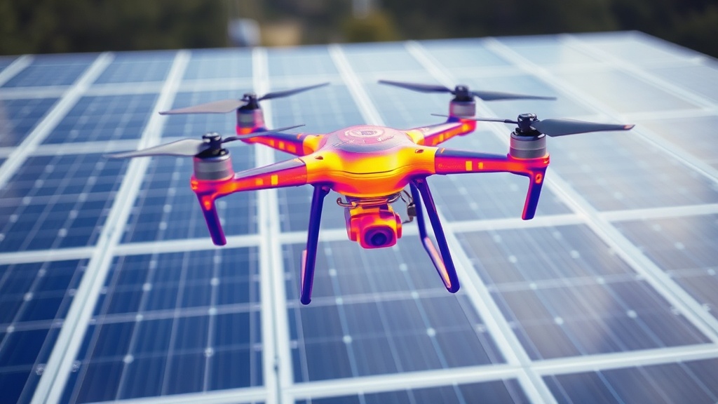 Drohne mit Wärmebildkamera über einer Photovoltaikanlage, die Temperaturunterschiede auf den Modulen sichtbar macht, um potenzielle Defekte zu identifizieren.