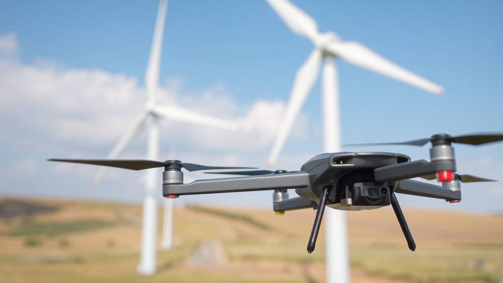 Drohne über Windkraftanlage, die Daten erfasst; im Hintergrund rotierende Rotorblätter und ein klarer Himmel, um Inspektionsprozess zu visualisieren.