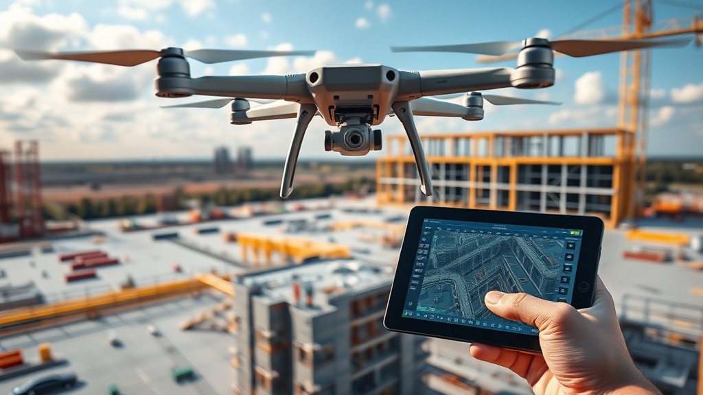 Drohne über einem Baugelände zur Dokumentation und Qualitätssicherung, einschließlich 3D-Modellen und Live-Fortschrittskontrollen auf einem Tablet.