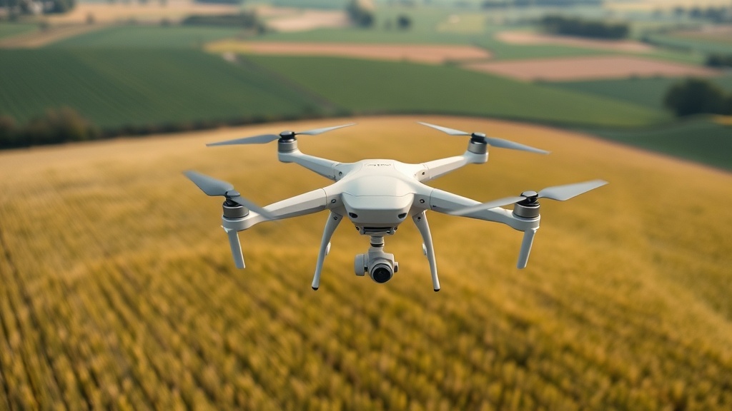Drohne über einem Feld, die Daten erfasst, umgeben von landwirtschaftlichen Flächen, mit Fokus auf Sensorik und Navigationstechnologie.