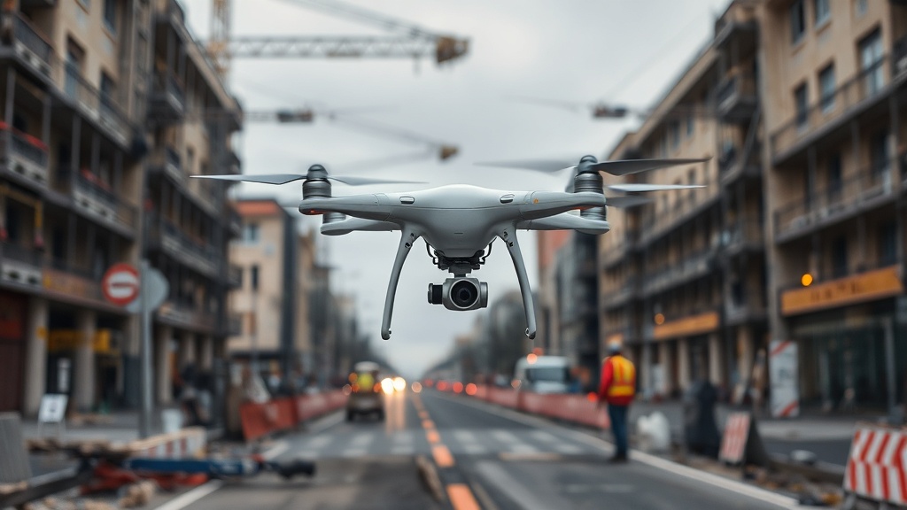 Drohne über einer Baustelle, die Straßenschäden scannt, während Bauarbeiter im Hintergrund an der Reparatur arbeiten, um Effizienz und Sicherheit zu steigern.