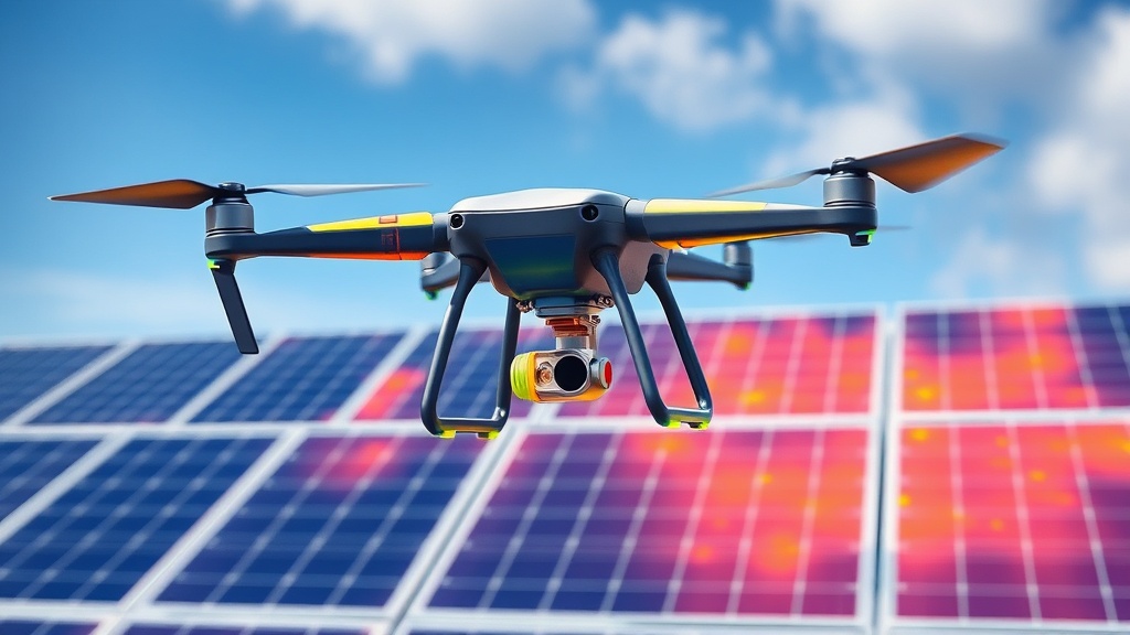 Drohne über einer Photovoltaikanlage, die thermografische Aufnahmen zur Inspektion von Solarmodulen und Kabelverbindungen anfertigt.