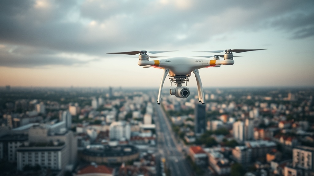 Drohne über urbanem Gebiet, ausgestattet mit Sensoren zur Umwelterfassung, fliegt autonom und sammelt Daten zur Luftqualität und Stadtplanung.
