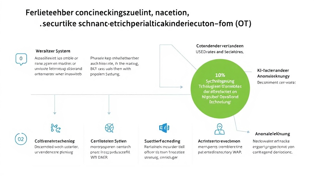 Grafik, die die Herausforderungen und Schutzmaßnahmen für die Sicherheit von Operational Technology (OT) zeigt, einschließlich veralteter Systeme und KI-gestützter Anomalieerkennung.