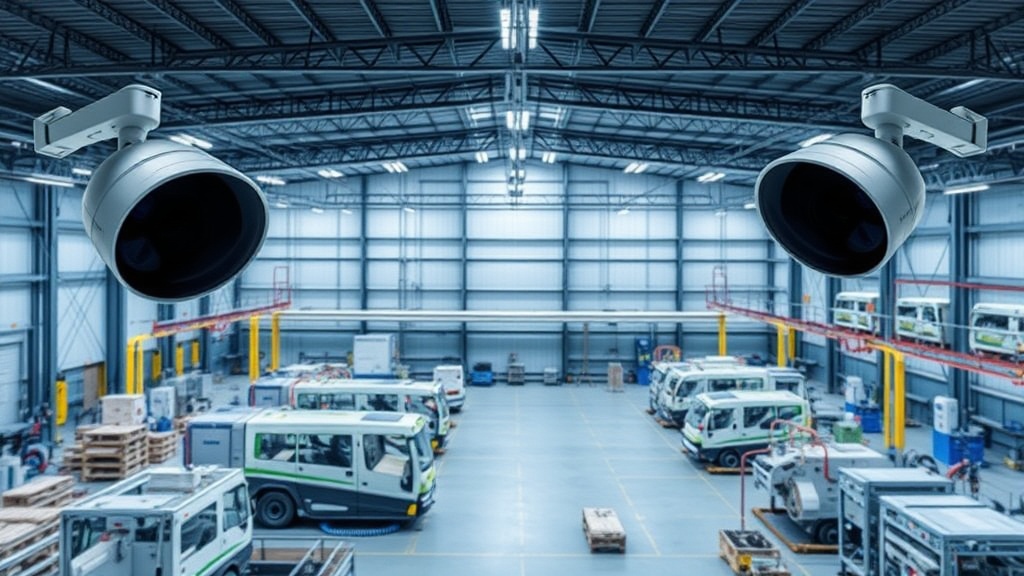 Industriegelände mit Sicherheitsüberwachungssystemen, Kameras und Sensoren, die die Produktionsstätten und Maschinen absichern und überwachen.
