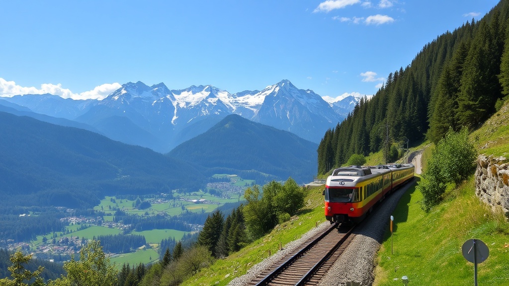 Landschaft mit Alpenpanorama, auf der eine moderne Eisenbahnlinie verläuft, die den Güterverkehr zwischen Städten in Kärnten erleichtert.