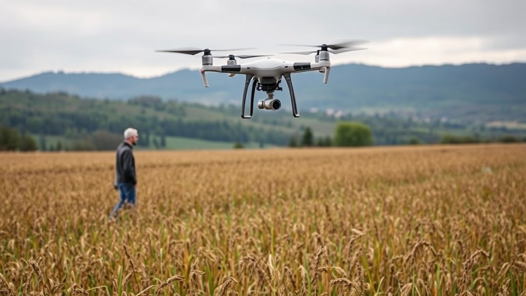 Landwirt steuert eine Drohne über einem Kärntner Feld, um die Ernte zu überwachen; im Hintergrund sind die hügelige Landschaft und Wetterwechsel sichtbar.