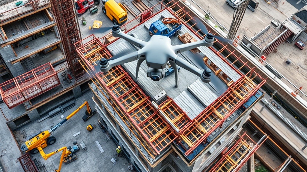 Luftaufnahme einer Baustelle mit Drohne, die den Baufortschritt zeigt, umgeben von Baugeräten und Baustellenarbeitern, sowie einem beeindruckenden Blickwinkel auf das fertige Gebäude.
