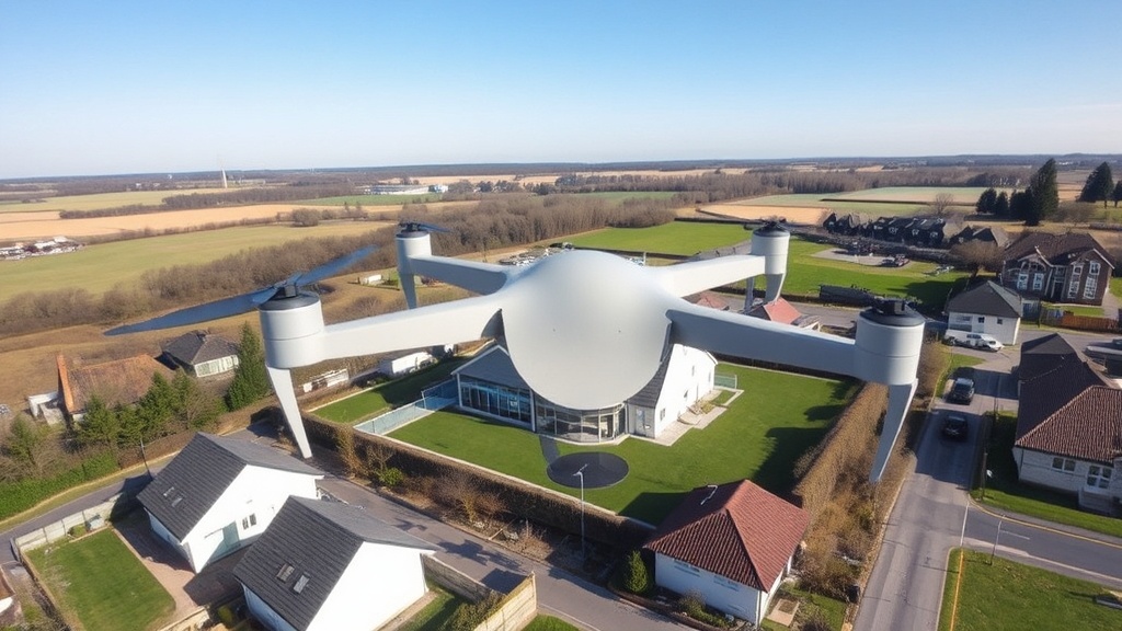 Luftaufnahme einer Immobilie aus der Perspektive einer Drohne, die die Umgebung zeigt, einschließlich Gebäude, Landschaft und klare Wetterbedingungen.