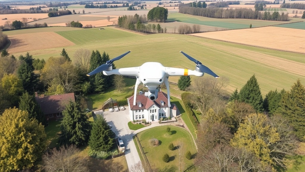 Luftaufnahme einer Immobilie, die das Grundstück, den Garten und die umliegende Landschaft zeigt, aufgenommen mit Drohnentechnologie aus beeindruckender Höhe.