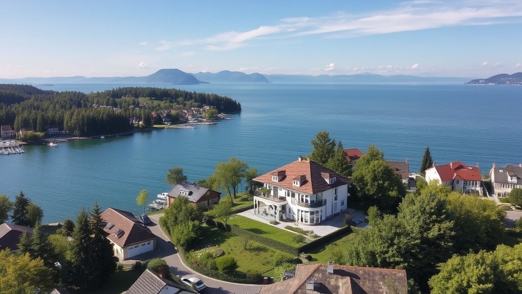 Luftaufnahme einer attraktiven Immobilie am Bodensee, die die Umgebung, Lage und Größe der Eigentumswohnung aus der Vogelperspektive zeigt.