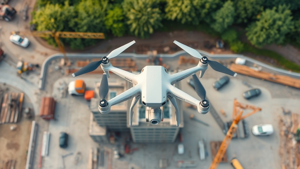 Luftaufnahme eines Bauprojekts mit Drohne, die den Fortschritt und die Qualitätssicherung dokumentiert, sichtbar sind verschiedene Baustellenbereiche aus der Vogelperspektive.