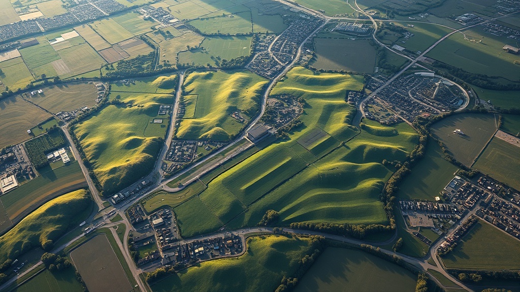 Luftaufnahme eines Gebiets, die mithilfe von Drohnentechnologie erstellt wurde, mit digitalen Geländemodellen und Punktwolken zur Unterstützung von GIS- und CAD-Anwendungen.