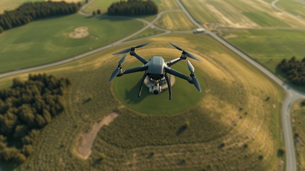 Luftaufnahme eines Geländes, aufgenommen mit einer Drohne, zeigt Überlappungen für die Photogrammetrie zur Erstellung von 3D-Modellen in CAD-Anwendungen.