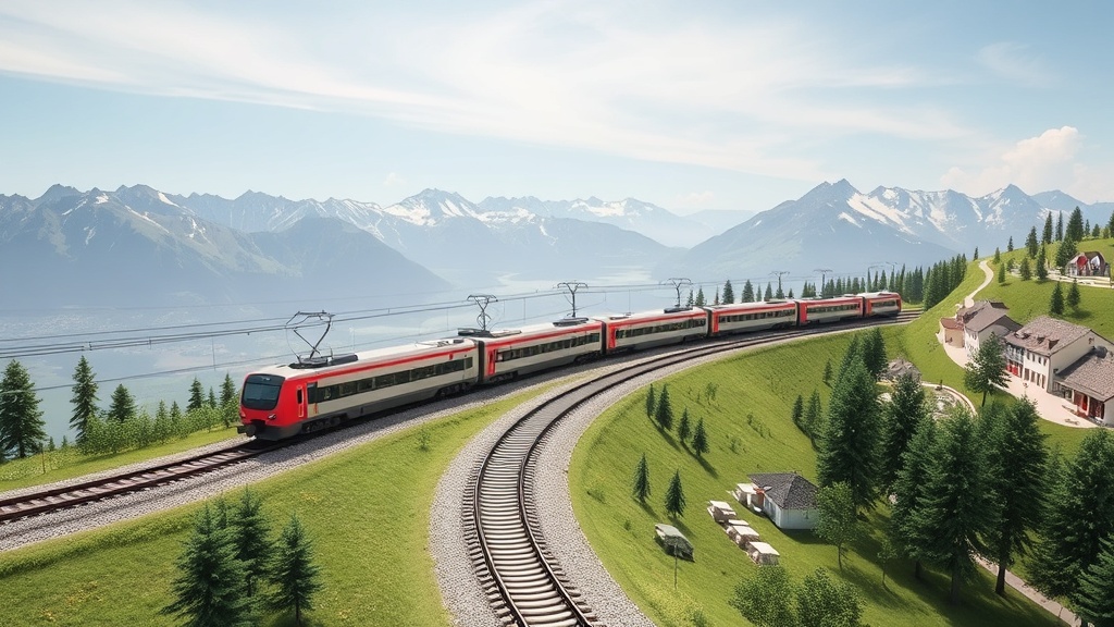 Modell der Koralmbahn mit moderner Zugverbindung zwischen Graz und Klagenfurt, umgeben von Landschaft und Grafiken zu wirtschaftlichen und touristischen Vorteilen.