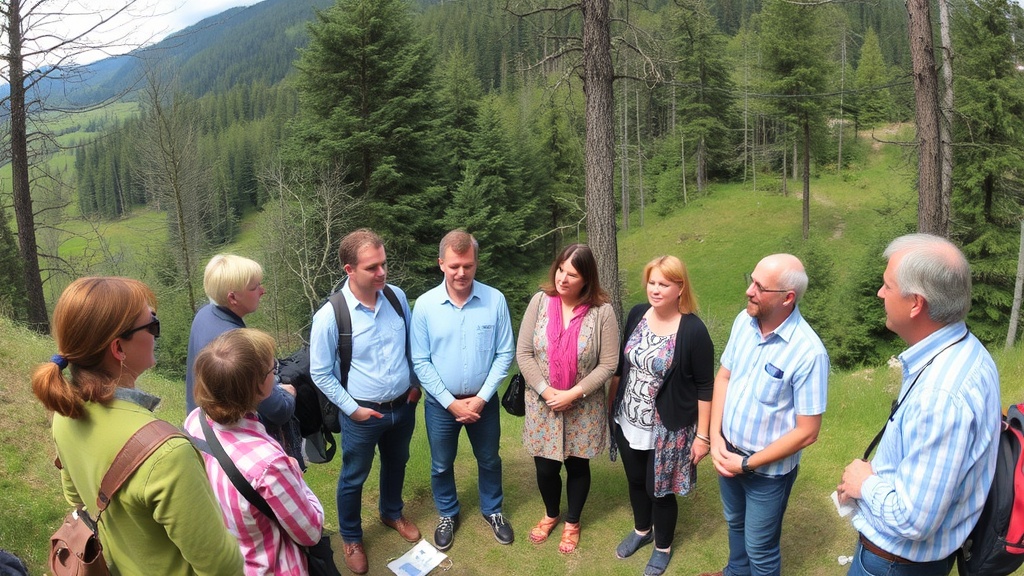 Panoramaaufnahme eines Kärntner Naturschutzgebiets mit Biodiversitätsüberwachung, Forschungsmitarbeitern und engagierten Bürgern bei einem Workshop zur Naturschutzsensibilisierung.