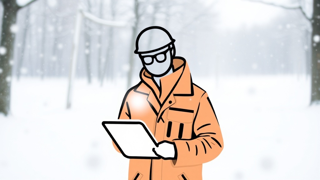 Symbolisches Bild eines Lawinenwarndienstes mit einem Mitarbeiter, der Daten zur Schneedecke analysiert, um einen Lawinenbericht zu erstellen.