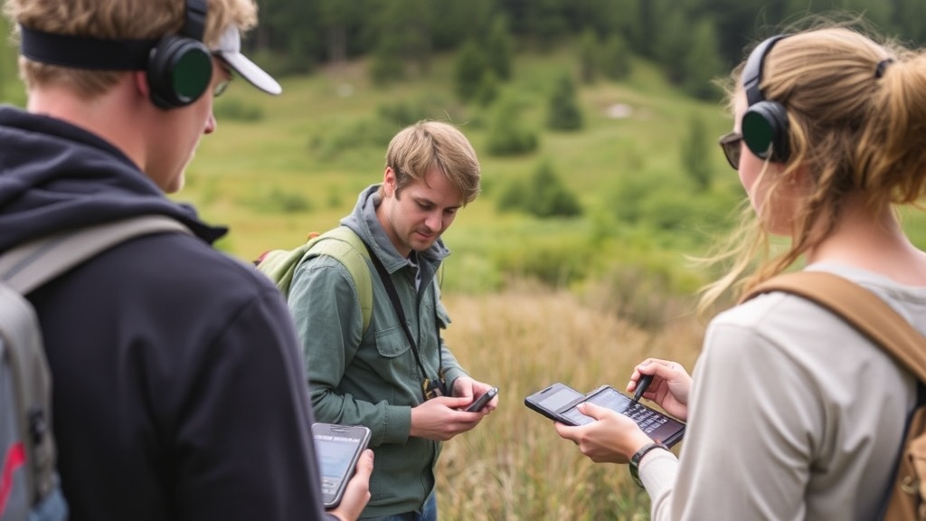 Wissenschaftler bei der Durchführung von Biodiversitätsmonitoring in Kärntens Naturschutzgebiet, mit Geräten zur Datenerfassung und Beobachtung von Ökosystemen.